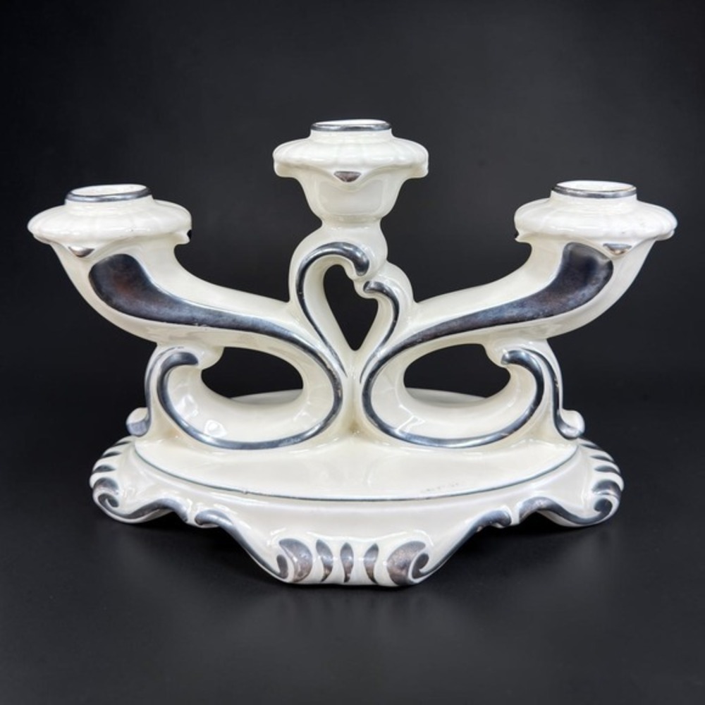 Mitterteich Bavaria Porcelain 3 Light Candelabra Silver Trim Cream 5.5x9 Vintage